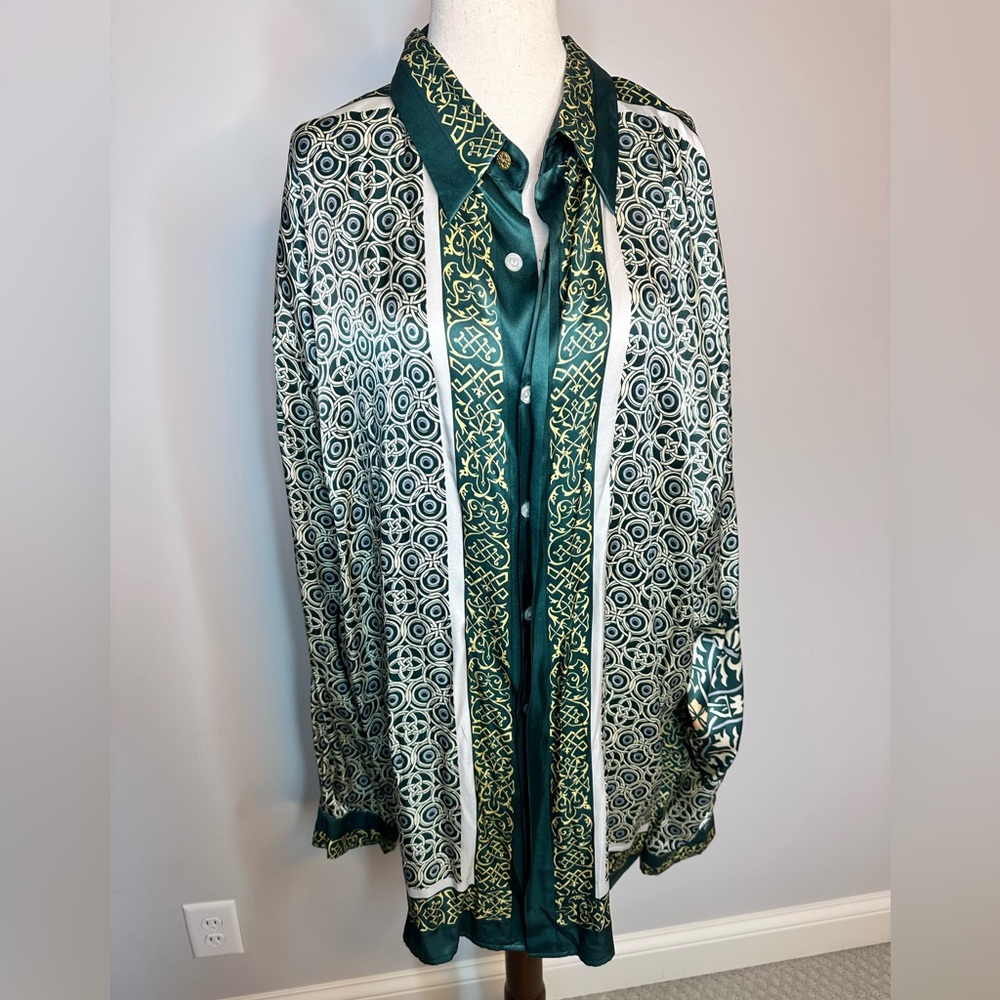 Ceta Dolce XL to XXL vintage silk button print green blue down shirt